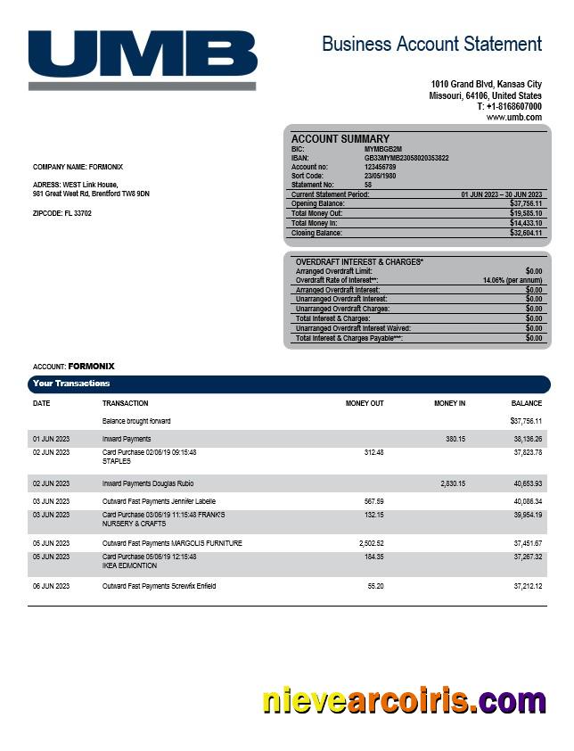 UMB Bank enterprise account statement